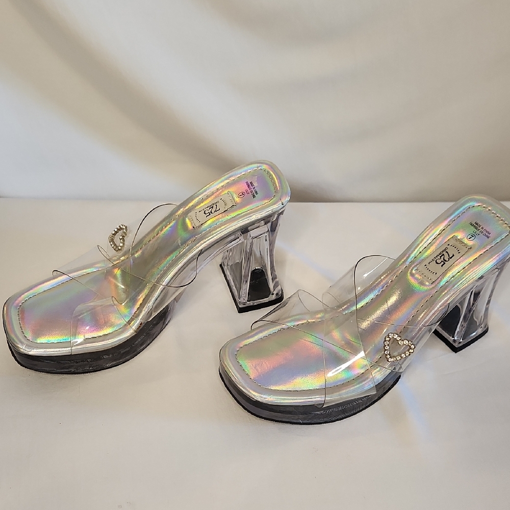 Vintage Y2K Silver Holographic Lucite Heals Size 7